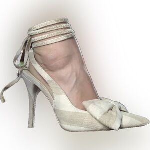 NWOT ASOS Ankle Wrap Cream Tan Gingham Check Bow Heels Pointed Toe Stiletto 8-9